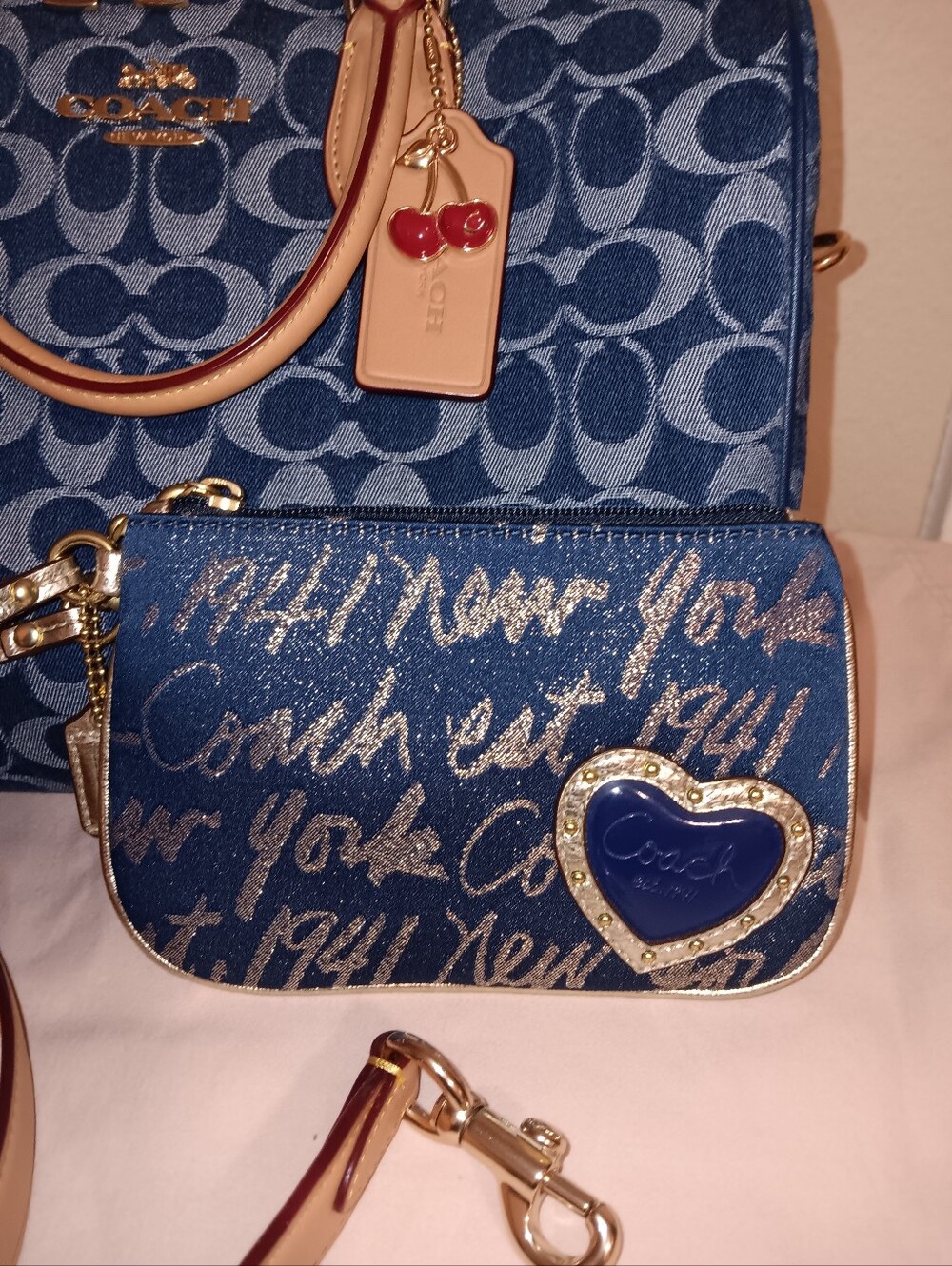Coach Large Denim Rowan With Coach Poppy Small Wristlet With Gold Leather Trim - Picture 13 of 16